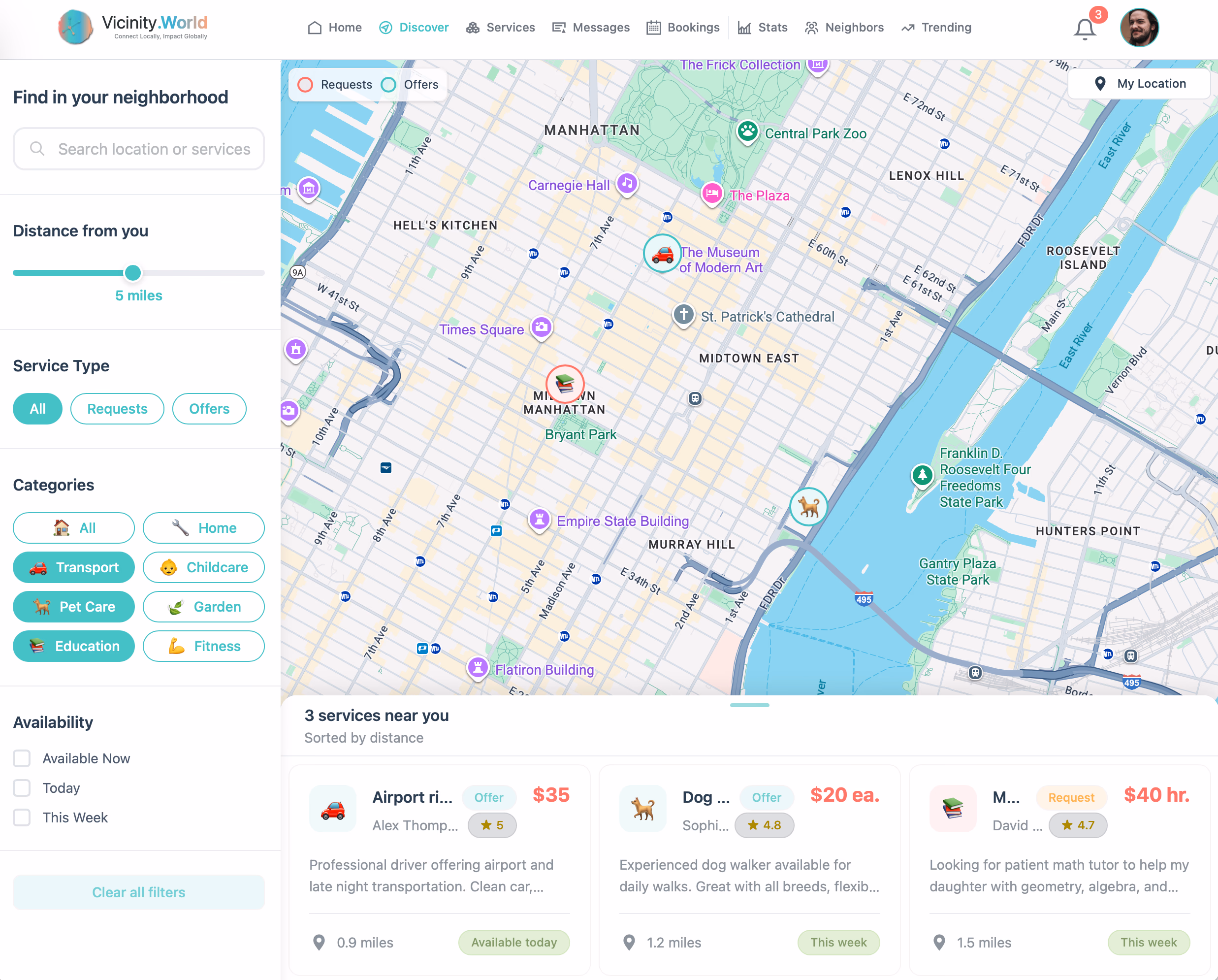 Vicinity World spatial discovery map showing nearby services